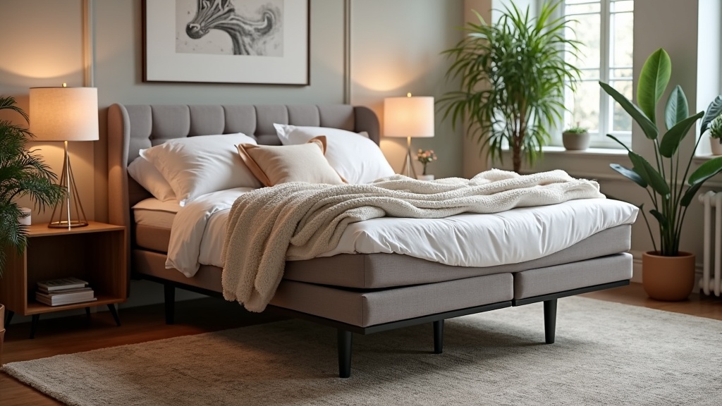 A cozy bedroom featuring an adjustable bed in an elevated position, surrounded by nightstands, plants, and soft lighting.
